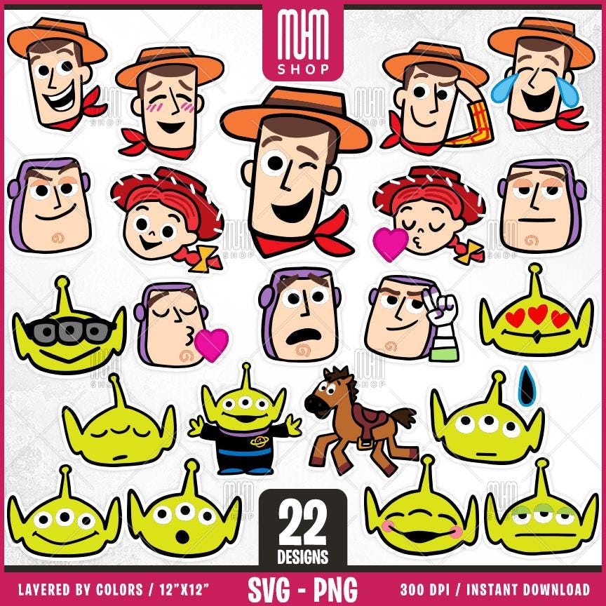 Stickers Toy Story Svg Png, 22 Designs Easy to use, Cartoon Characters, Layered Svg by colors, Transparent Png, Easy cut files for Cricut.