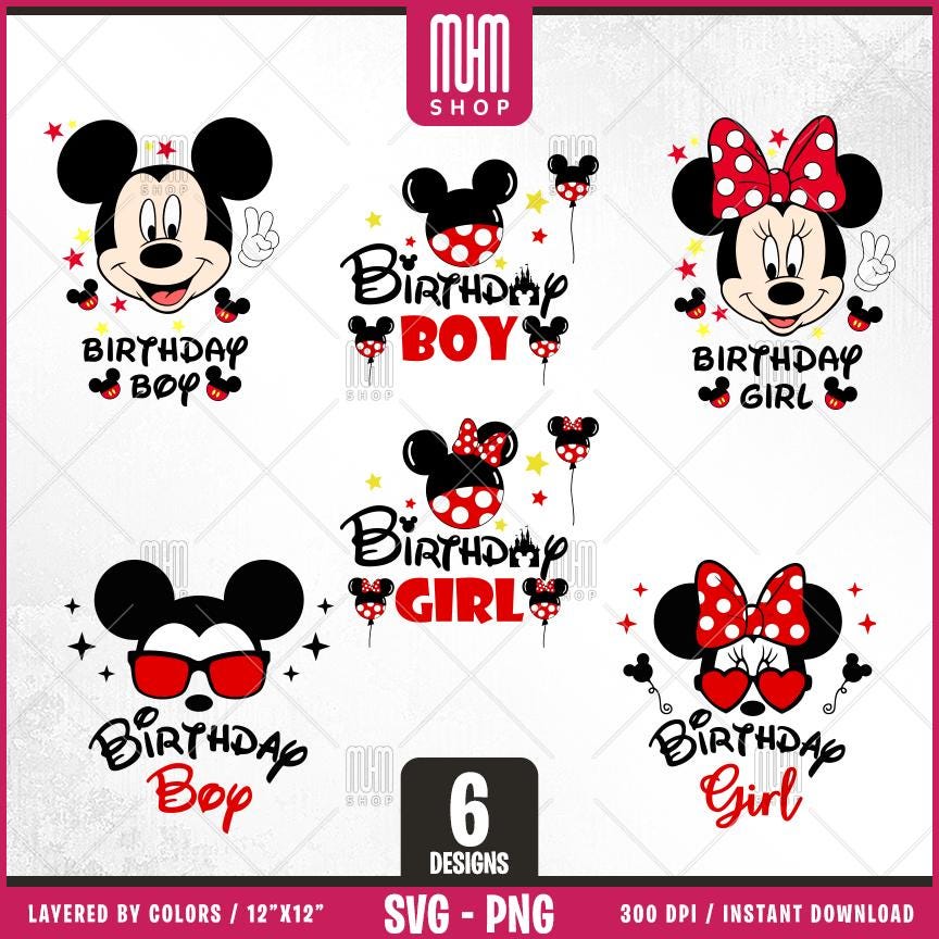 Birthday Mouse Svg Png, 6 Designs Easy to use, Cartoon Characters, Disneyland, Layered Svg by colors, Transparent Png, Cut files for Cricut.