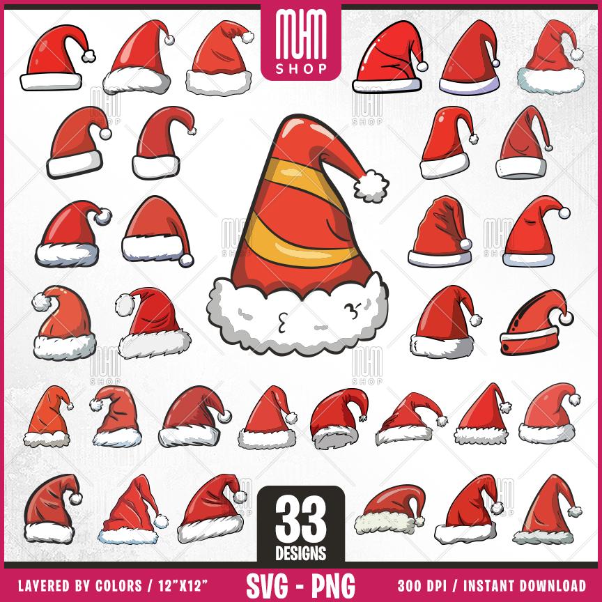 Christmas Santa Hat Bundle Svg Png, 33 Designs Easy to use, Xmas Hat Bundle svg, Noel Hat, Happy New Year T-Shirt, Easy cut files for Cricut