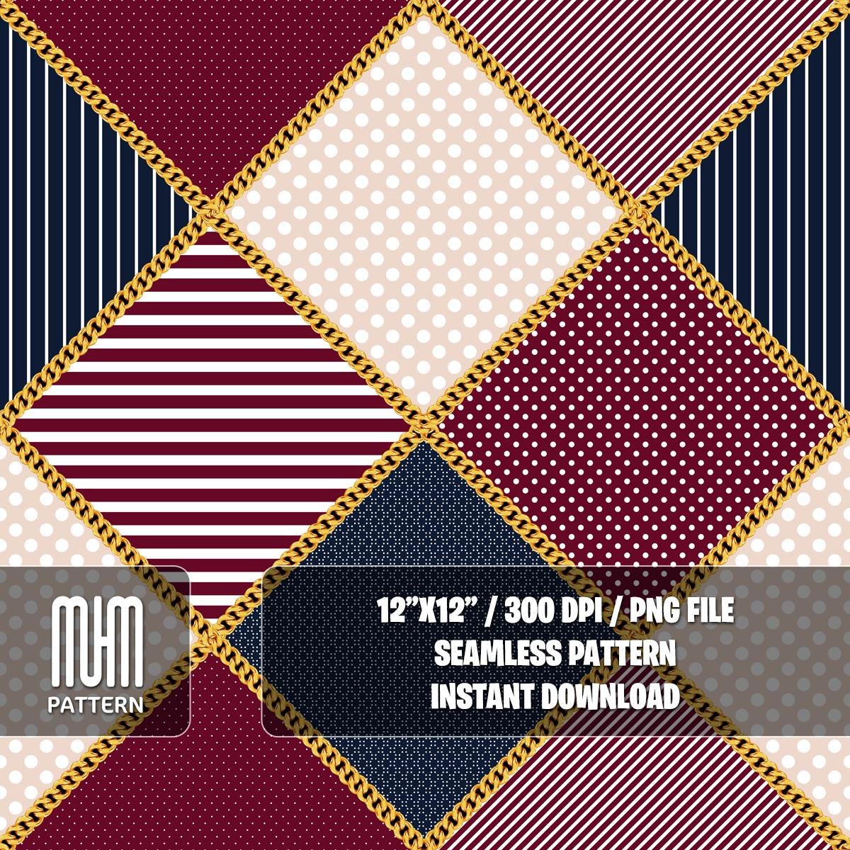 Seamless Pattern, Golden Chains with Dots and Lines on Diamond Shapes, Modern Design, Fabric Design Sublimation, Ready for Textile Prints.