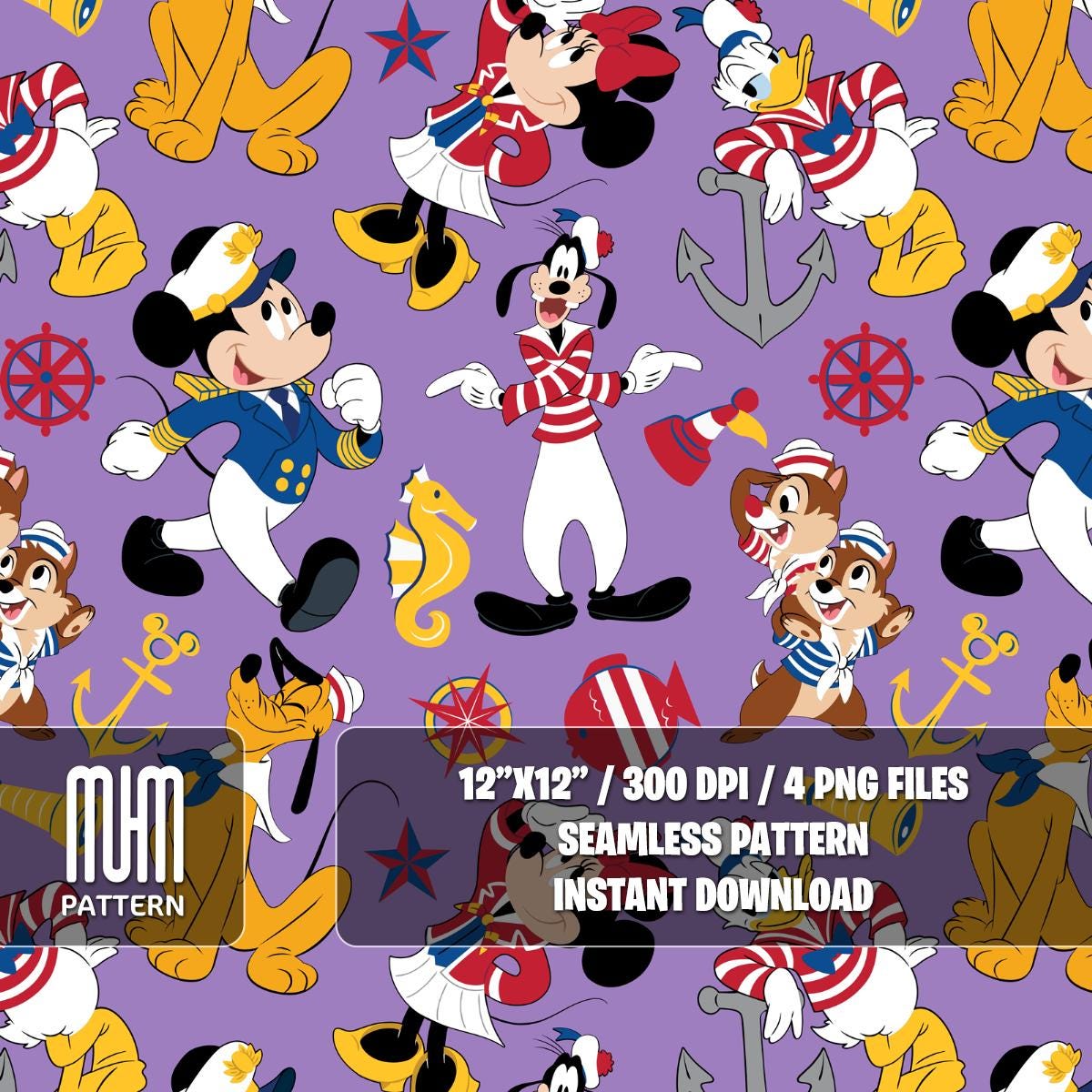 Seamless Pattern PNG, Mouse And Friends Cruise Line, Cartoon Characters, Repeated Fabric Design Sublimation, Ready for Textile Prints.