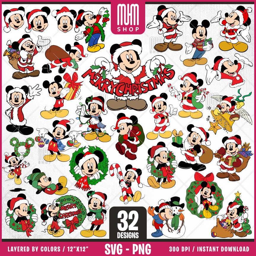 Mouse Merry Christmas Svg Png, 32 Designs Easy to use Cartoon Characters, Layered Svg by colors, Transparent Png, Easy cut files for Cricut.