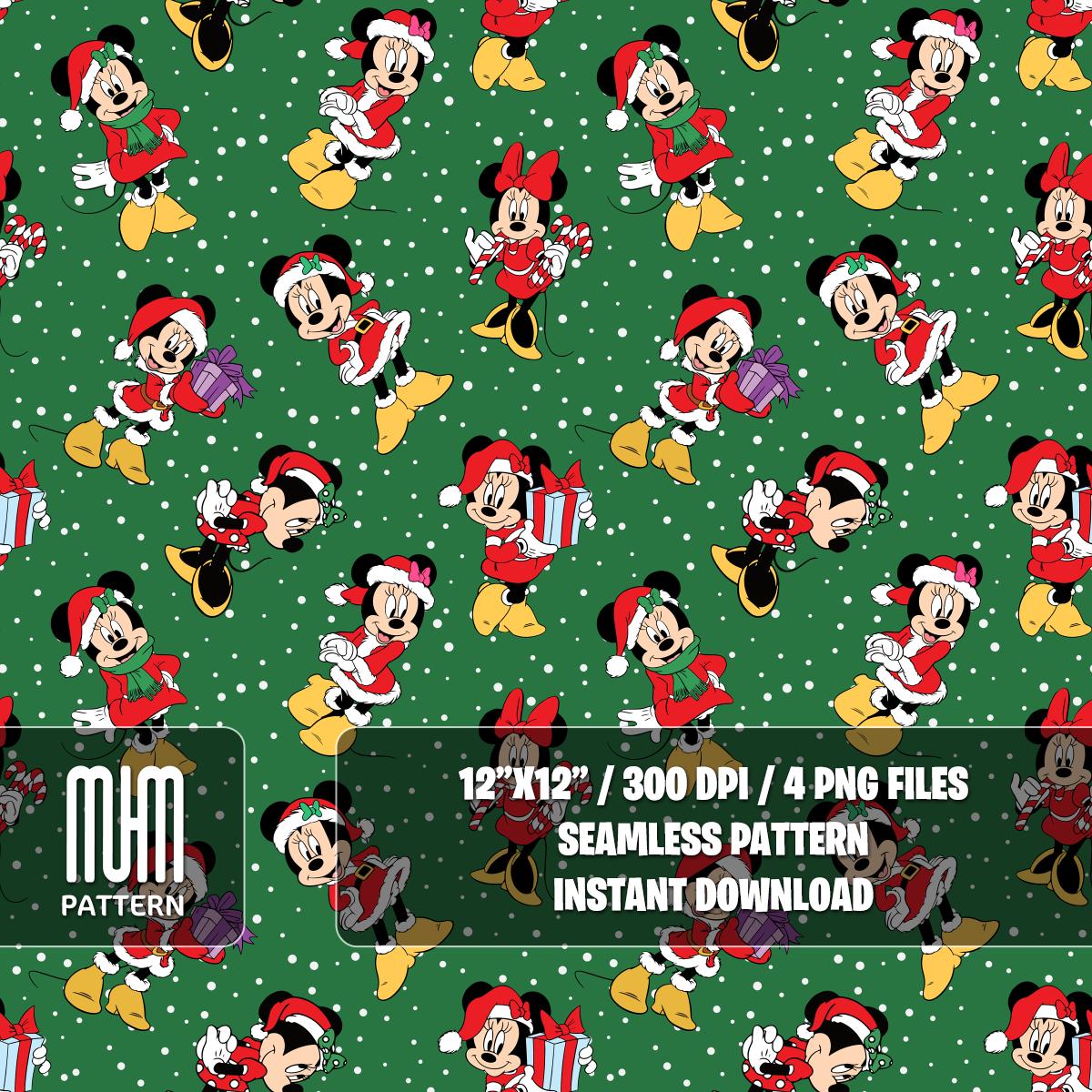 Seamless Pattern PNG, Merry Christmas, Minnie Mouse Xmas, Cartoon Characters, Noel Day, Fabric Design Sublimation, Ready for Textile Prints.