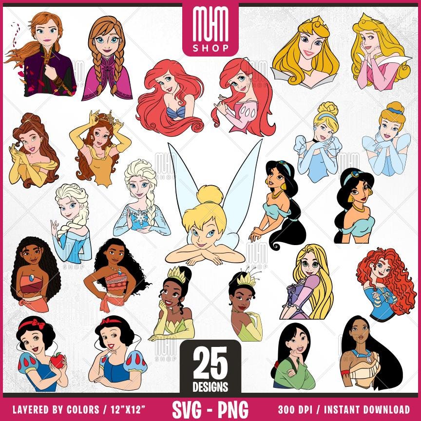 Princesses Bundle Svg, 25 Designs Easy to use, Cartoon Characters Clipart, Layered Svg by colors, Transparent Png, Easy cut files for Cricut