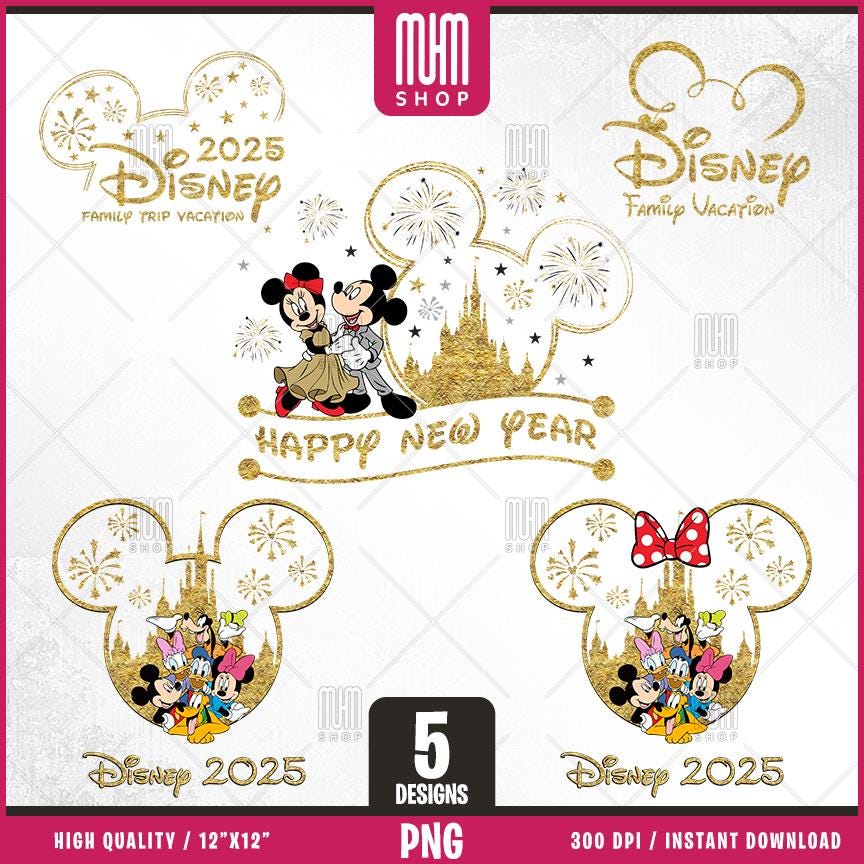 Golden Family Trip 2025 Png, 5 Designs Easy to use, Magical Kingdom Bundle, Happy New Year 2025, Castel, Mouse Head, Cut files for Cricut.