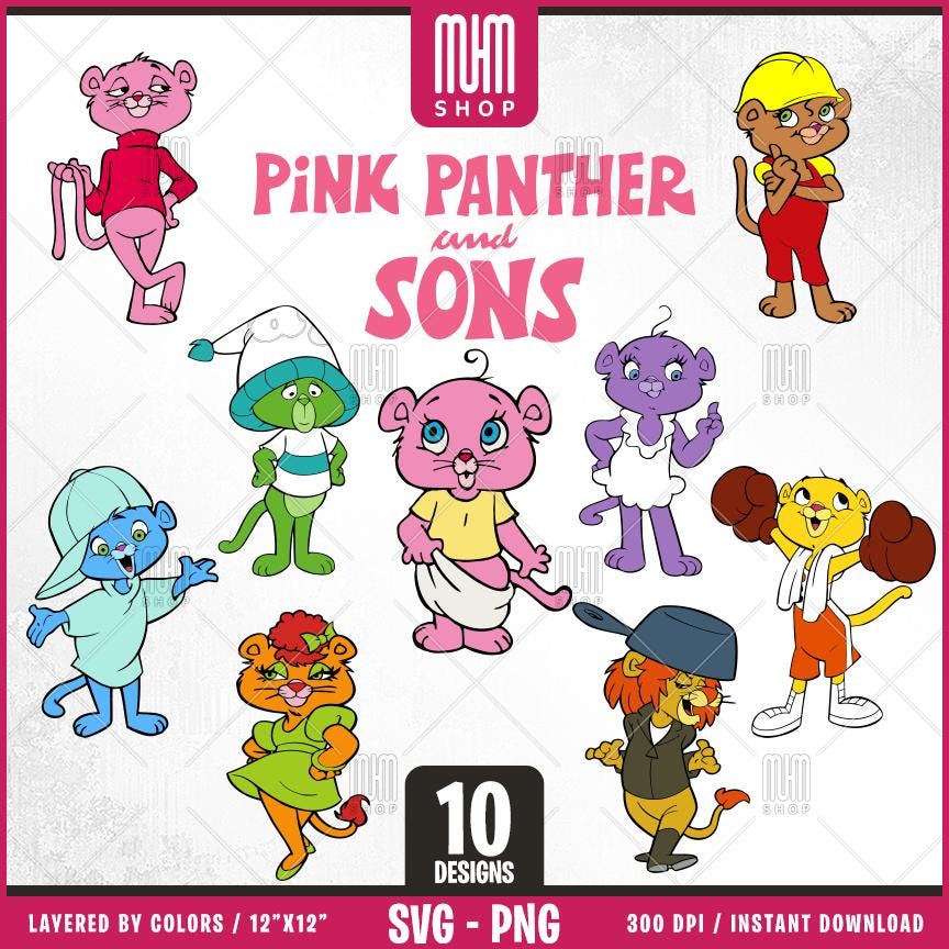 Pink Panther and Sons Svg Png, 10 Designs Easy to use, 70s, 80s, Retro Cartoon, Layered Svg by colors, Transparent Png, Cut Files for Cricut