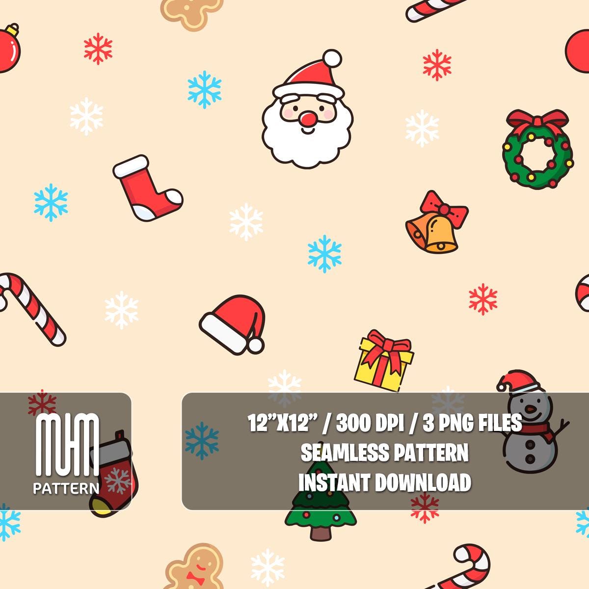 Seamless Pattern PNG, Merry Christmas, New Year, Colored Background, Xmas Noel Day, Fabric Design Sublimation, Ready for Textile Prints.