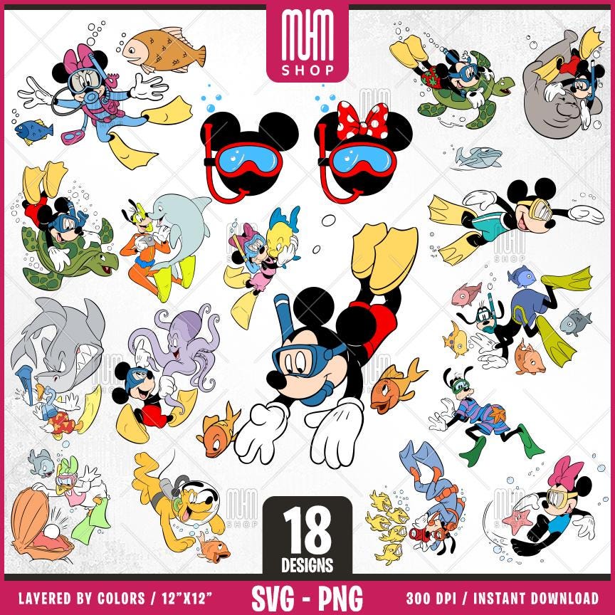 Mouse And Friends Scuba Diving Sport Svg, 18 Designs, Cartoon Characters, Layered Svg by colors, Transparent Png, Easy cut files for Cricut.