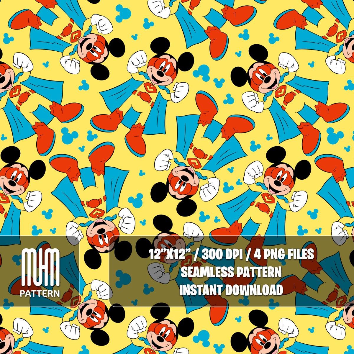 Seamless Pattern PNG, Mouse Superheroes, Mouse And Friends, Cartoon Characters, Repeated Fabric Design Sublimation, Ready for Textile Prints