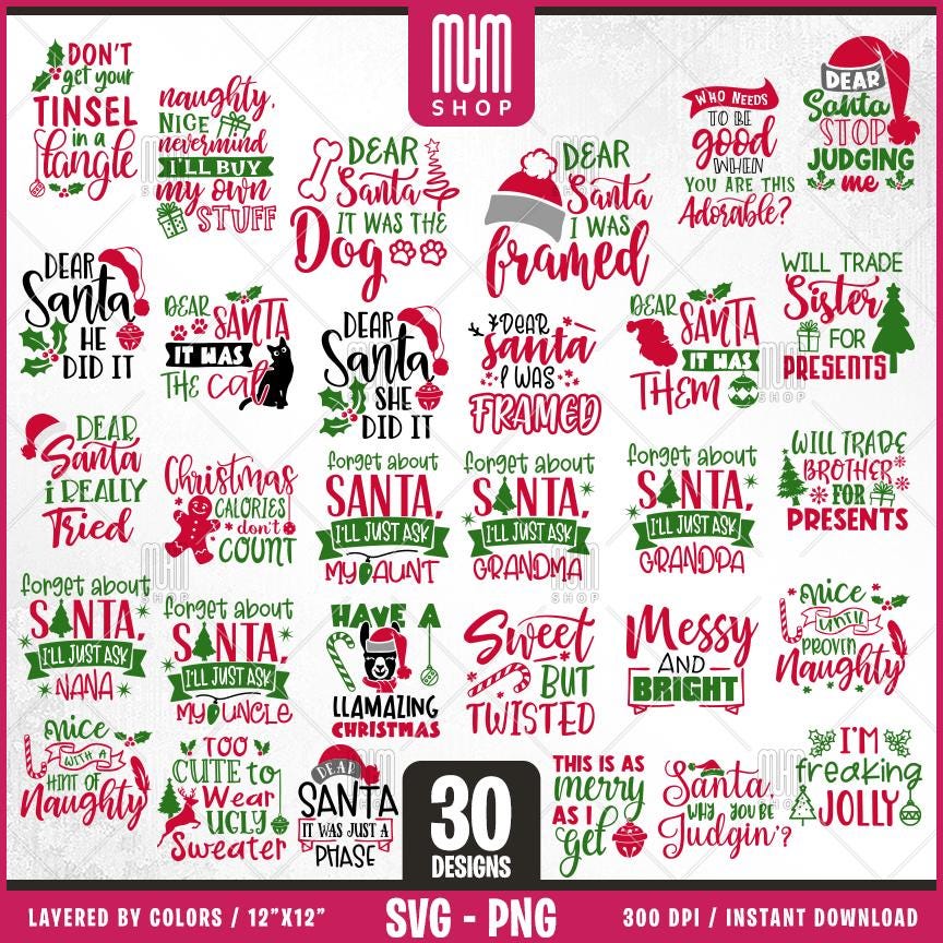 Christmas Funny Quotes Svg Png, 30 Designs Easy to use, Joy, Noel, Jingle, Merry Xmas, Ornament, Funny Quotes Png, Easy cut files for Cricut