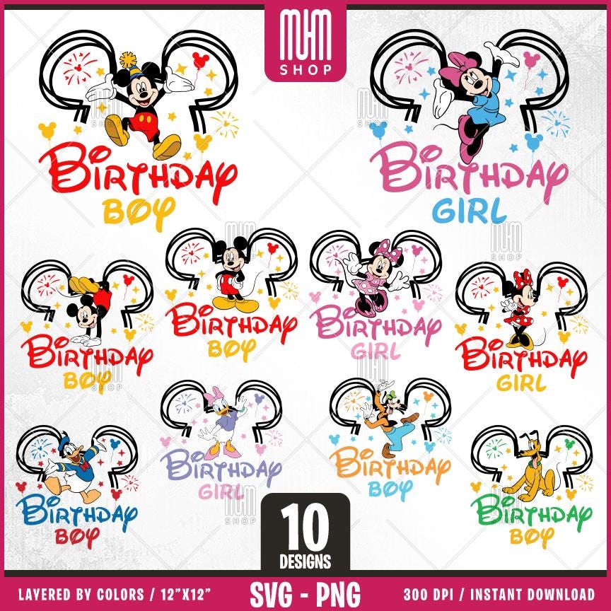 Mouse and Friends Birthday Svg Png, 10 Designs Easy to use Cartoon Characters, Layered Svg by colors, Transparent Png, Cut files for Cricut.