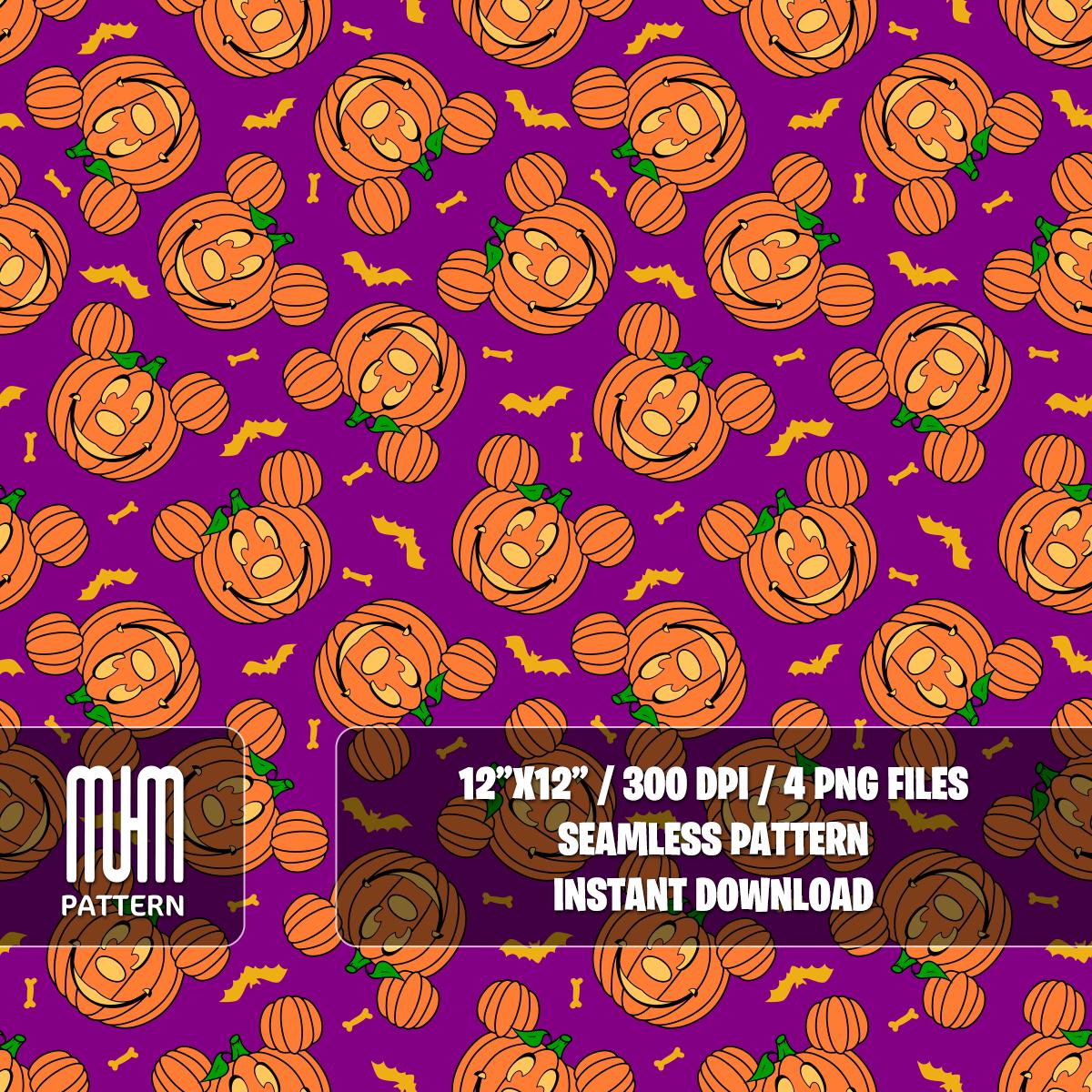 Seamless Pattern PNG, Halloween Pumpkin, Mouse Head, Cartoon Characters, Boo Day, Fabric Design Sublimation, Ready for Textile Prints.