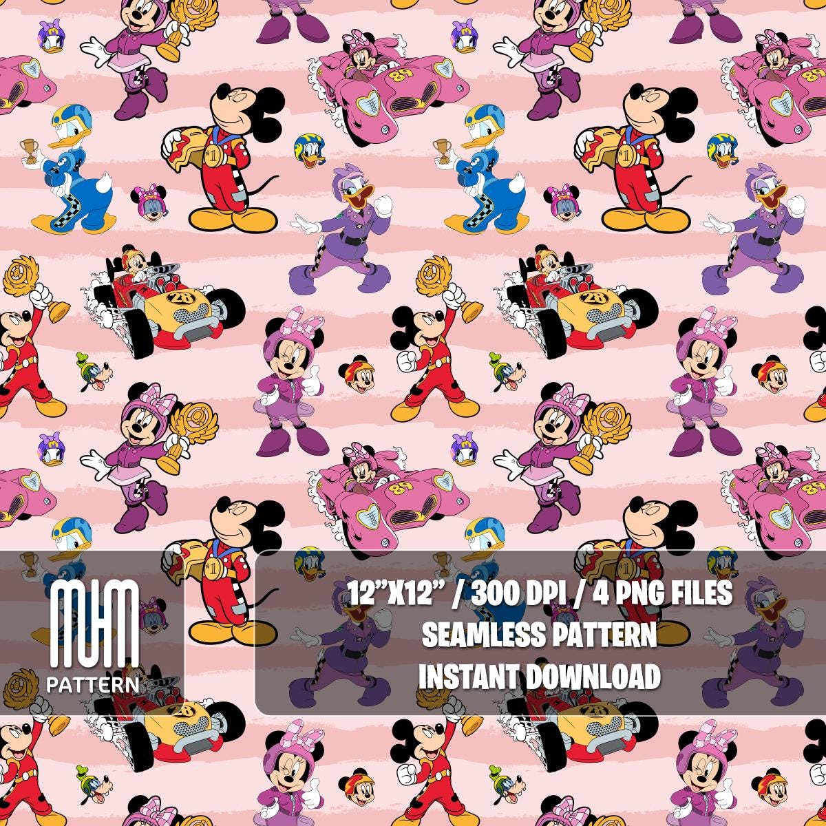 Seamless Pattern PNG, Mouse and Friends Roadster Racers, Cartoon Characters, Repeat Png, Fabric Design Sublimation, Ready for Textile Prints