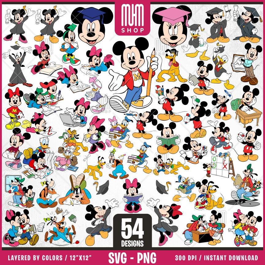 Mouse And Friends At School Svg Png, 54 Designs Easy to use Cartoon Characters, Layered Svg by colors, Transparent Png, Cut files for Cricut