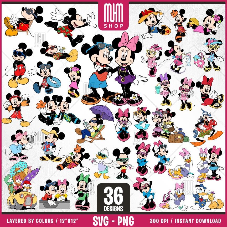 Mouse And Friends In Summer Svg, 36 Designs Easy to use, Cartoon Characters, Layered Svg by colors, Transparent Png, Cut files for Cricut.