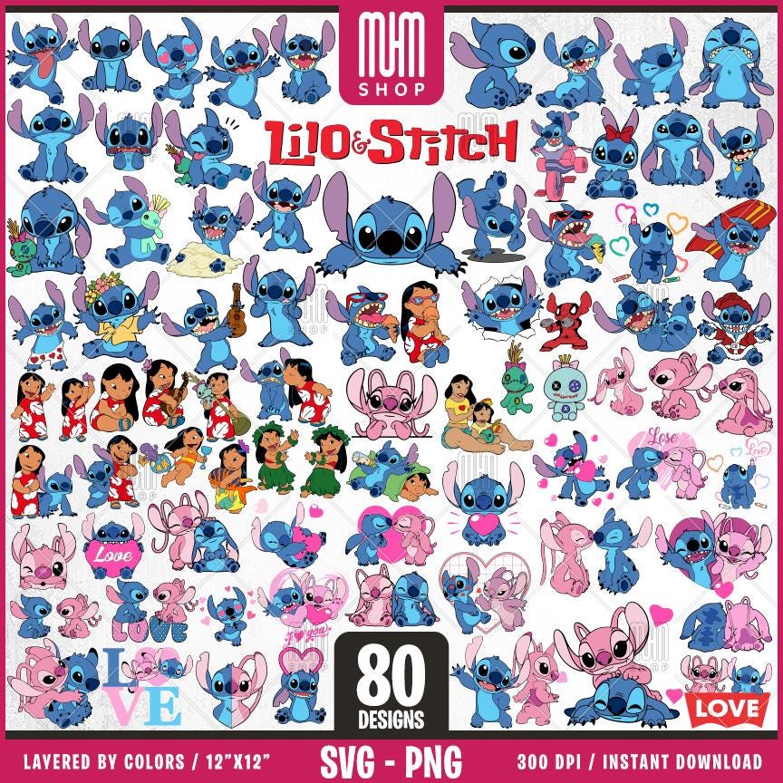 Lilo and Stitch Svg Png, 80 Designs + Font Easy to use, Cartoon Characters, Layered Svg by colors, Transparent Png, Cut files for Cricut.