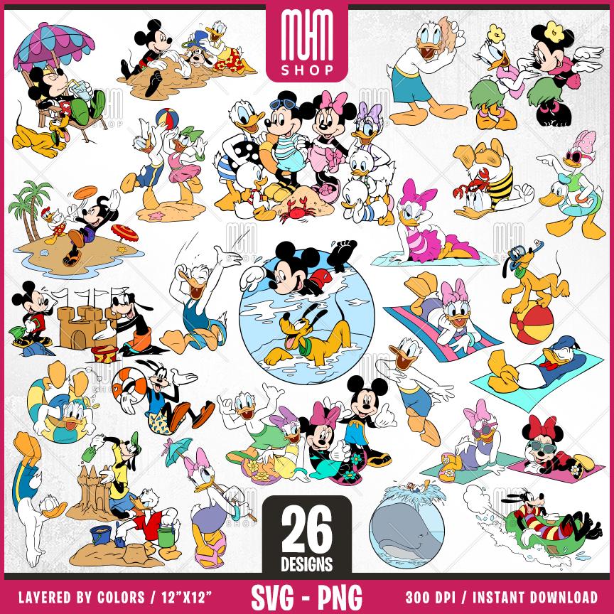 Mouse And Friends At Beach Svg, 26 Designs Easy to use, Cartoon Characters, Layered Svg by colors, Transparent Png, Cut files for Cricut.