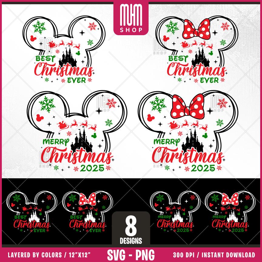 Merry Christmas 2025 Svg Png, 8 Designs Easy to use, Magical Kingdom Bundle, Family Trip, Castel Svg, Mouse Head, Easy cut files for Cricut.
