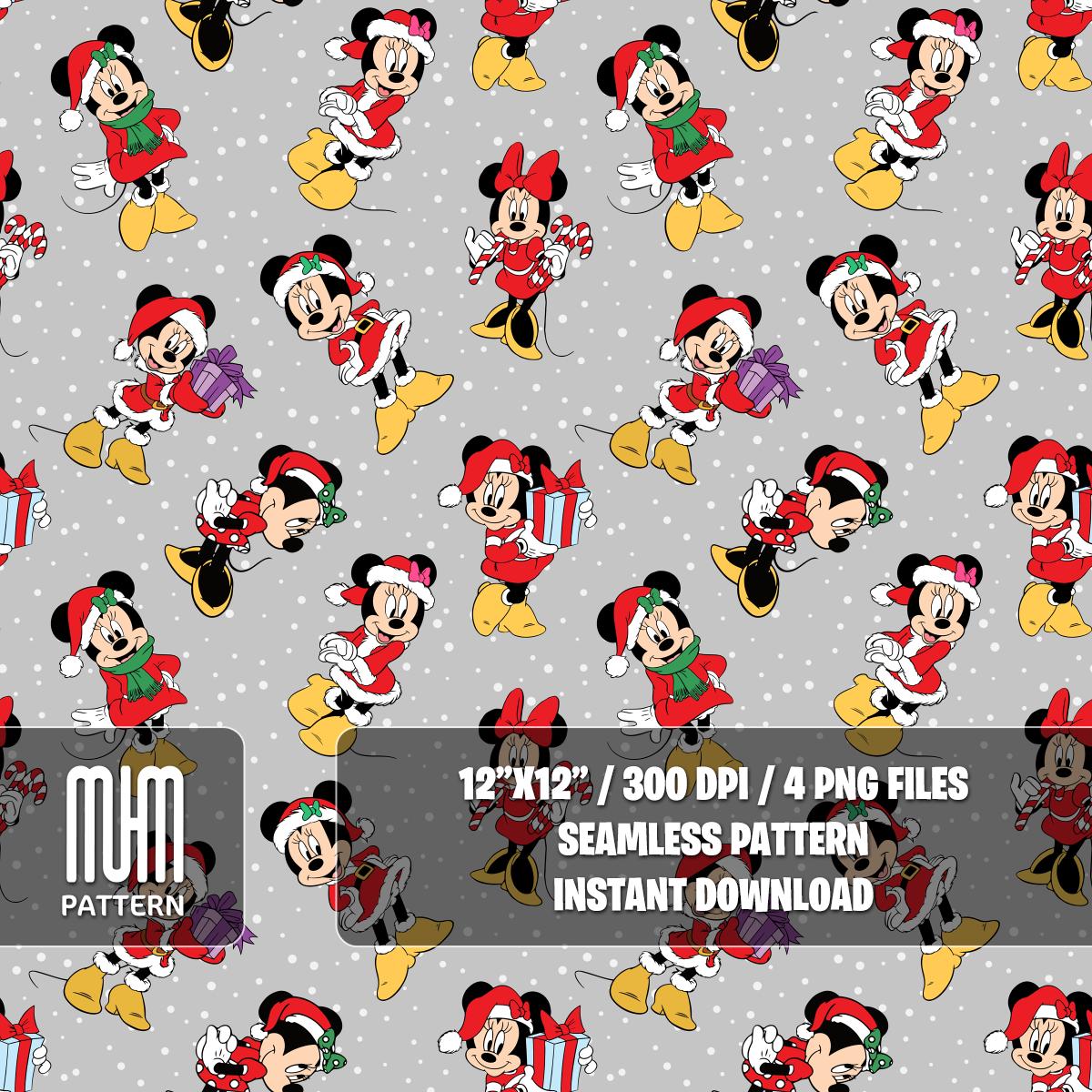 Seamless Pattern PNG, Merry Christmas, Minnie Mouse Xmas, Cartoon Characters, Noel Day, Fabric Design Sublimation, Ready for Textile Prints.