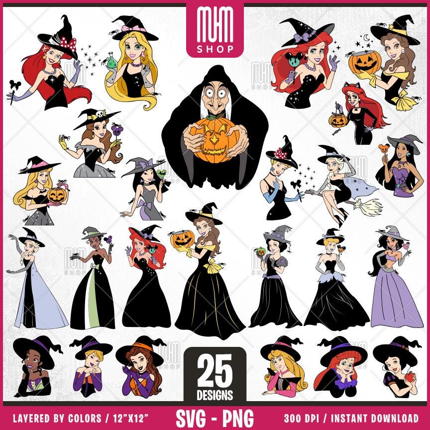 Princess Halloween Svg Png, 25 Designs Easy to use, Cartoon Characters, Layered Svg by colors, Transparent Png, Easy cut files for Cricut.