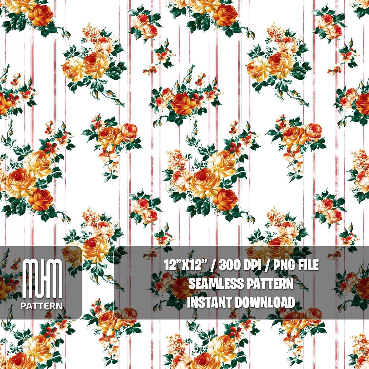 Seamless Pattern, Hand Drawn Flowers with Leaves, Pretty Pattern on Striped Background, Fabric Design Sublimation, Ready for Textile Prints.