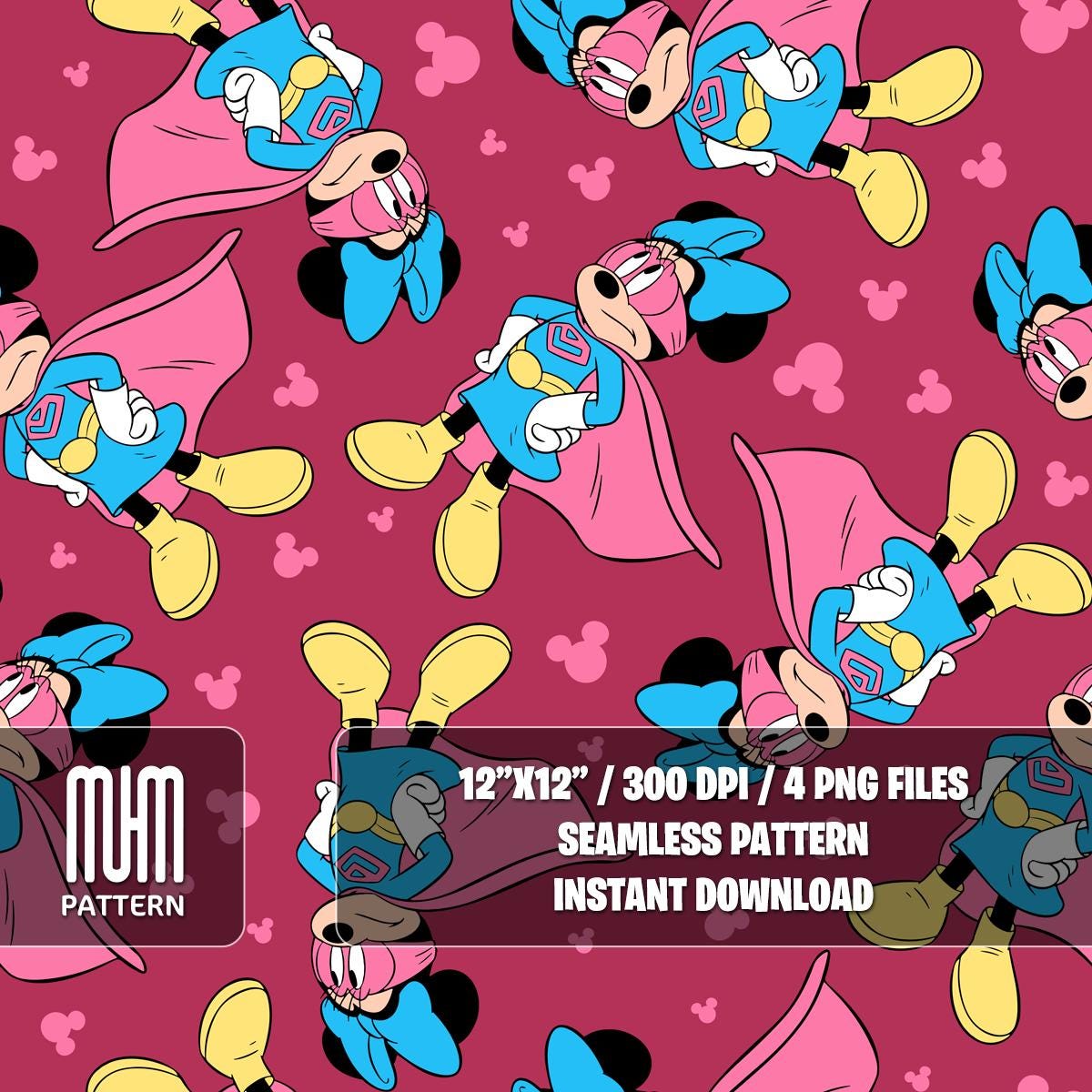 Seamless Pattern PNG, Minnie Mouse Superheroes, Mouse And Friends, Cartoon Characters, Fabric Design Sublimation, Ready for Textile Prints.