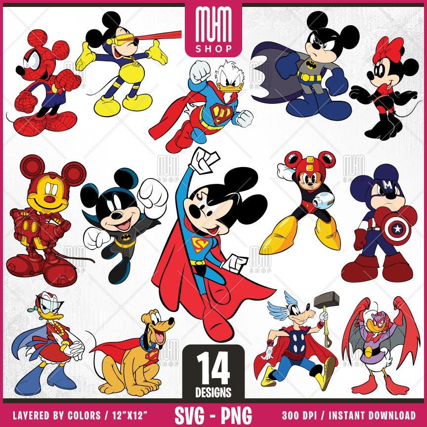 Mouse And Friends Superheroes Svg Png, 14 Designs Easy to use, Cartoon Characters, Layered Svg by colors, Transparent Png, Cut files for Cricut.