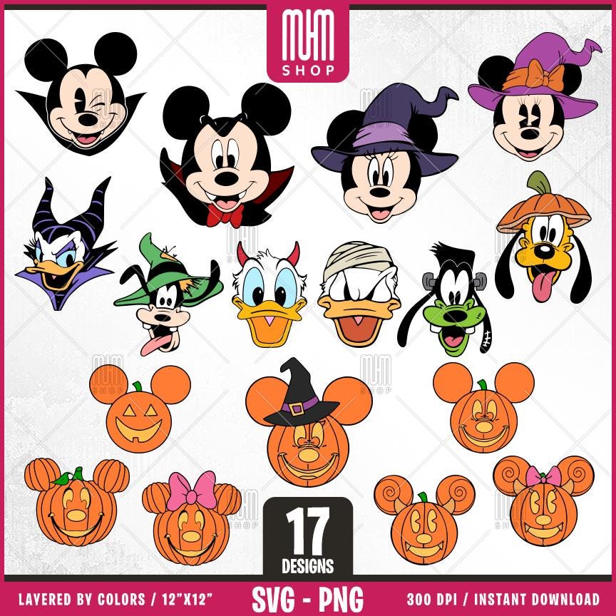 Mouse and Friends Head Halloween Svg Png, 17 Designs Easy to use Cartoon Characters Layered Svg by colors, Transparent Png, files for Cricut
