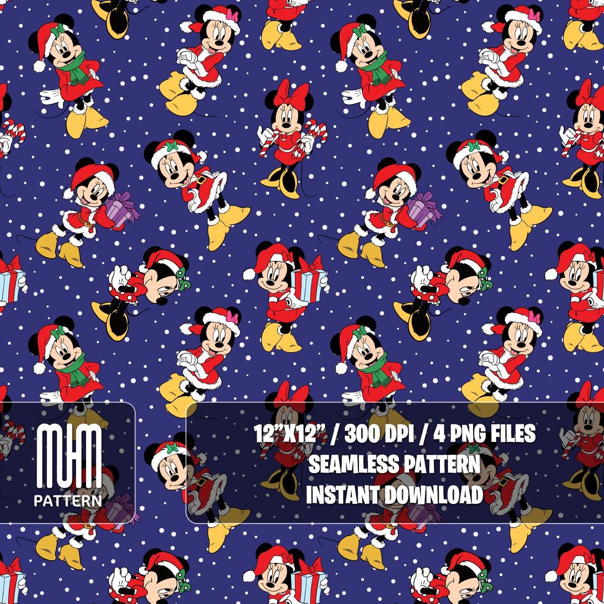 Seamless Pattern PNG, Merry Christmas, Minnie Mouse Xmas, Cartoon Characters, Noel Day, Fabric Design Sublimation, Ready for Textile Prints.