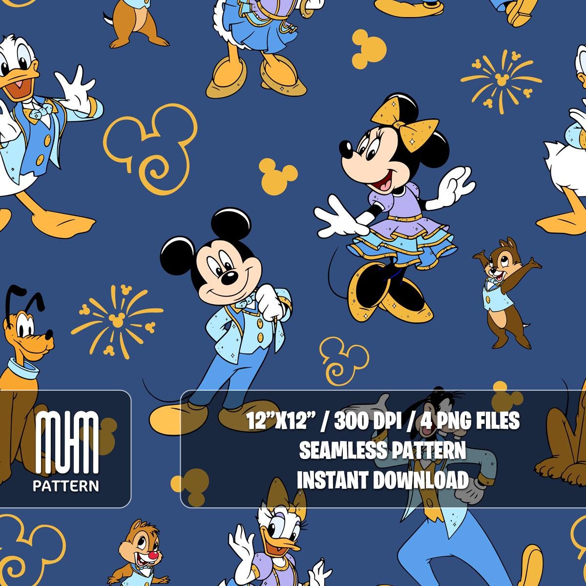 Seamless Pattern PNG, Mouse And Friends 50th Anniversary, Cartoon Characters, Repeated Fabric Design Sublimation, Ready for Textile Prints.