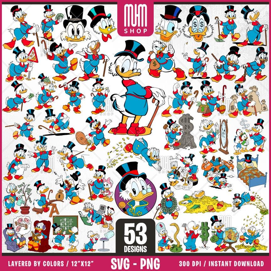 Scrooge McDuck Svg Png, 53 Designs Easy to use, Cartoon Characters, Layered Svg by colors, Transparent Png, Cut Files for Cricut.
