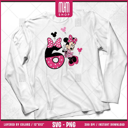 Minnie Mouse Birthday Numbers Svg Png, 6 Designs Easy to use Cartoon Characters, Layered Svg by colors, Transparent Png Cut files for Cricut