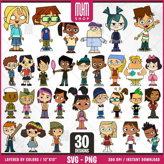 Total Drama Kids Svg Png, 30 Designs Easy to use, Cartoon Characters Cliparts, Layered Svg by colors, Transparent Png, Cut files for Cricut.