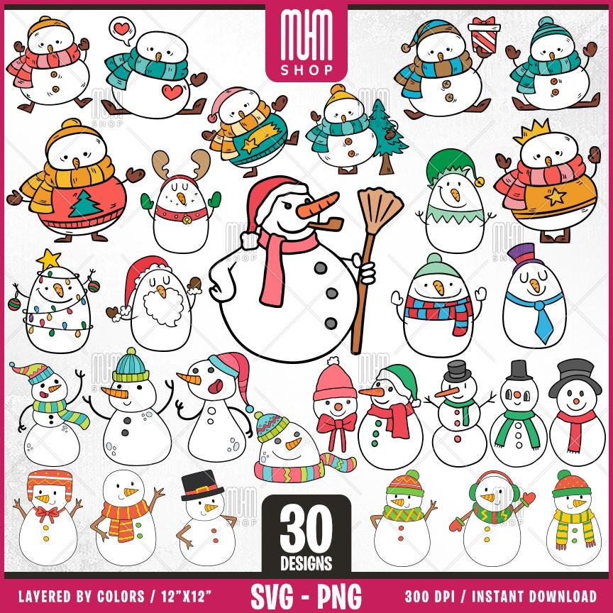 Snowman Svg Bundle, 30 Designs Easy to use, Cartoon Characters Clipart, Layered Svg by colors, Transparent Png, Easy cut files for Cricut.
