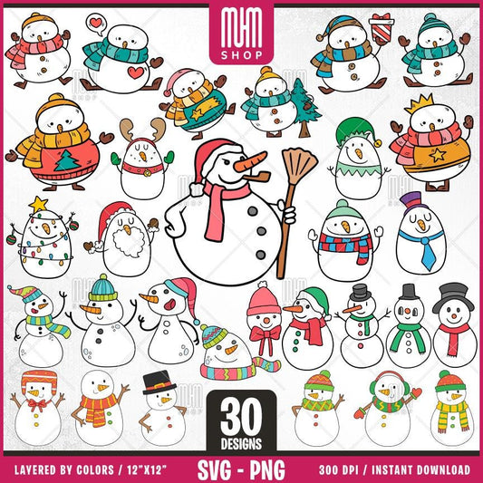 Snowman Svg Bundle, 30 Designs Easy to use, Cartoon Characters Clipart, Layered Svg by colors, Transparent Png, Easy cut files for Cricut.