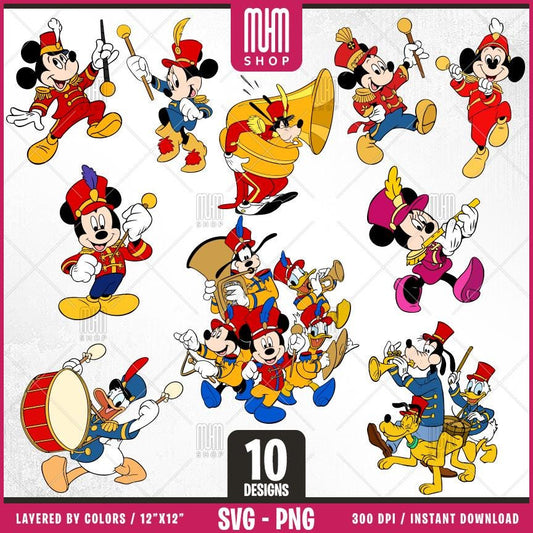 Mouse And Friends Brass Band Parade Svg Png, 10 Designs Easy to use Cartoon Characters, Layered Svg by colors, Transparent Png, for Cricut.