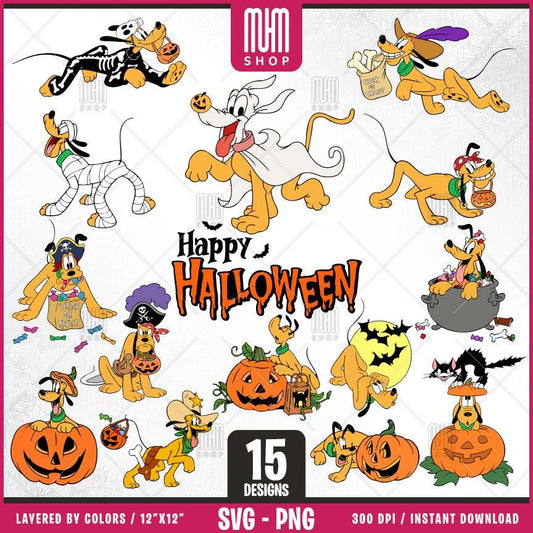 Pluto Halloween Svg Png, 15 Designs Easy to use Cartoon Characters, Layered Svg by colors, Transparent Png, Cut files for Cricut.