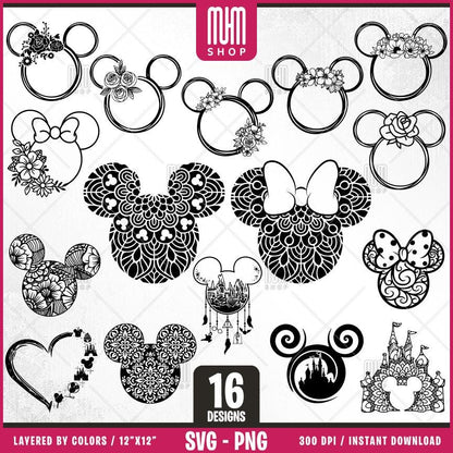 Mouse Floral Ears Svg Png, 16 Designs Easy to use, Cartoon Characters, Layered Svg by colors, Transparent Png, Easy cut files for Cricut.