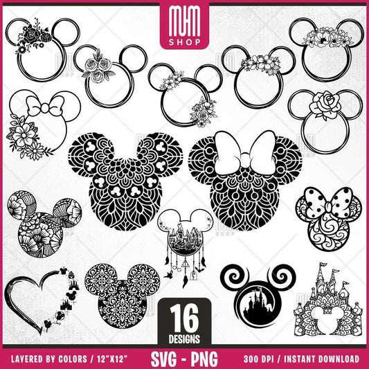 Mouse Floral Ears Svg Png, 16 Designs Easy to use, Cartoon Characters, Layered Svg by colors, Transparent Png, Easy cut files for Cricut.