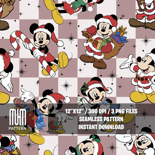 Seamless Pattern PNG, Merry Christmas, Mouse and Friends, Cartoon Characters, Noel Day, Fabric Design Sublimation, Ready for Textile Prints.