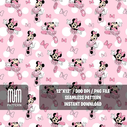 Seamless Pattern PNG, Minnie Mouse Ballerina, Cartoon Characters, Mouse and Friends, Fabric Design Sublimation, Ready for Textile Prints.