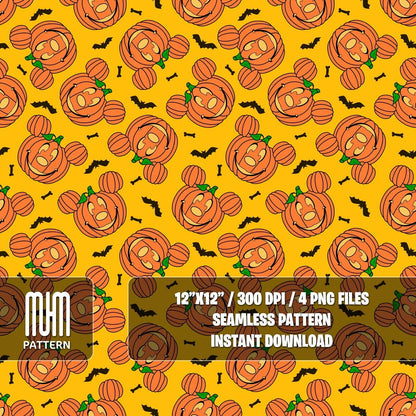 Seamless Pattern PNG, Halloween Pumpkin, Mouse Head, Cartoon Characters, Boo Day, Fabric Design Sublimation, Ready for Textile Prints.