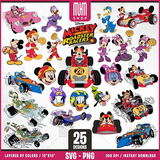 Mouse And Friends Roadster Racers Svg, 25 Designs Easy to use, Cartoon Characters, Layered Svg by colors, Transparent Png, Files for Cricut.