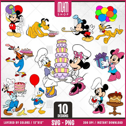 Birthday Mouse and Friends Svg, 10 Designs Easy to use Cartoon Characters, Layered Svg by colors, Transparent Png, Easy cut files for Cricut