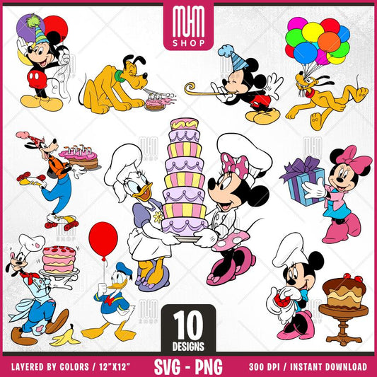 Birthday Mouse and Friends Svg, 10 Designs Easy to use Cartoon Characters, Layered Svg by colors, Transparent Png, Easy cut files for Cricut