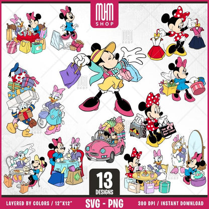 Minnie Mouse Shopping Svg, 13 Designs Easy to use, Cartoon Characters, Layered Svg by colors, Transparent Png, Easy cut files for Cricut.