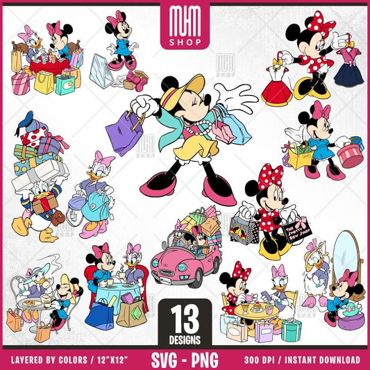 Minnie Mouse Shopping Svg, 13 Designs Easy to use, Cartoon Characters, Layered Svg by colors, Transparent Png, Easy cut files for Cricut.