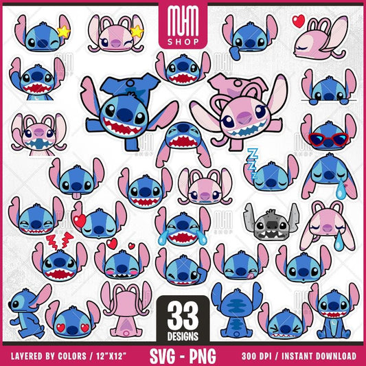 Stickers Stitch Svg, 33 Designs Easy to use, Cartoon Characters Cliparts, Layered Svg by colors, Transparent Png, Easy cut files for Cricut.