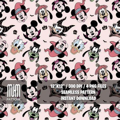 Seamless Pattern PNG, Mouse and Friends Halloween, Mouse Head, Cartoon Characters, Fabric Design Sublimation, Ready for Textile Prints.