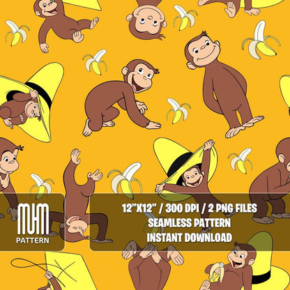 Seamless Pattern PNG, Curious George, Cartoon Characters, Banana George Monkey, Fabric Design Sublimation, Ready for Textile Prints.